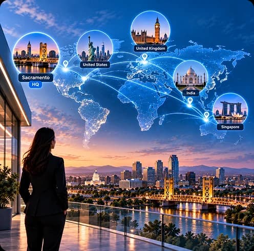 A Zoiko team member looking out over a city skyline, with badges marking Sacramento, the United Kingdom, India and Singapore