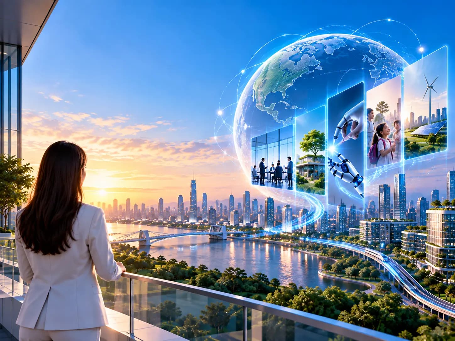 Globe overlaid on a city skyline, with panels representing Zoiko's businesses